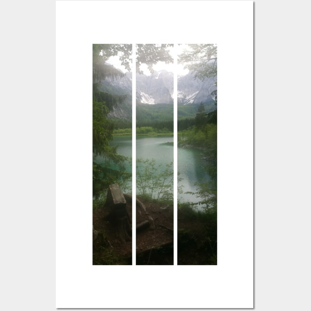 A static shot from the shore of Fusine lake in the Julian Alps with snowy mountains in background and a bench. Beautiful nature in a spring cloudy day; no people around. Italy (vertical) Wall Art by fabbroni-art